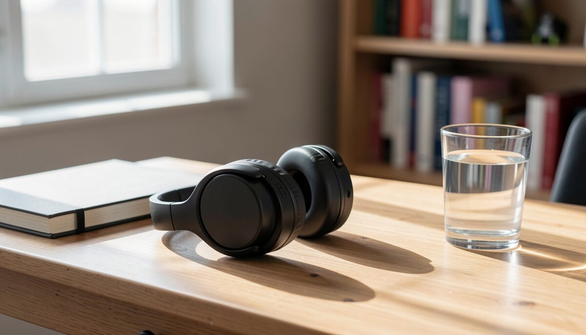 Headphones left on the desk between a recording and a replay.