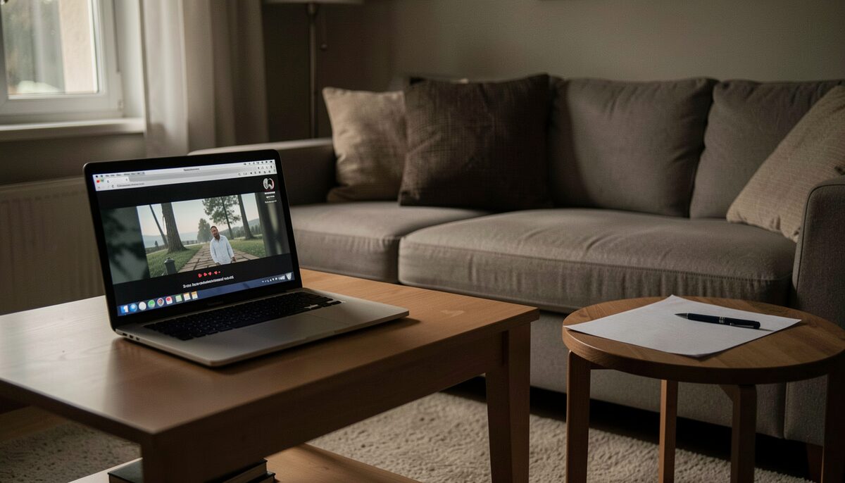 A screening paused before anyone has pressed play, notebook ready on the side table.